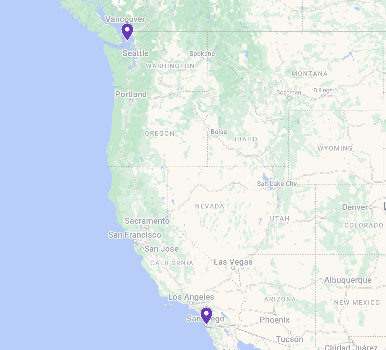 Map showing Valet locations in San Diego, CA and Friday Harbor, WA