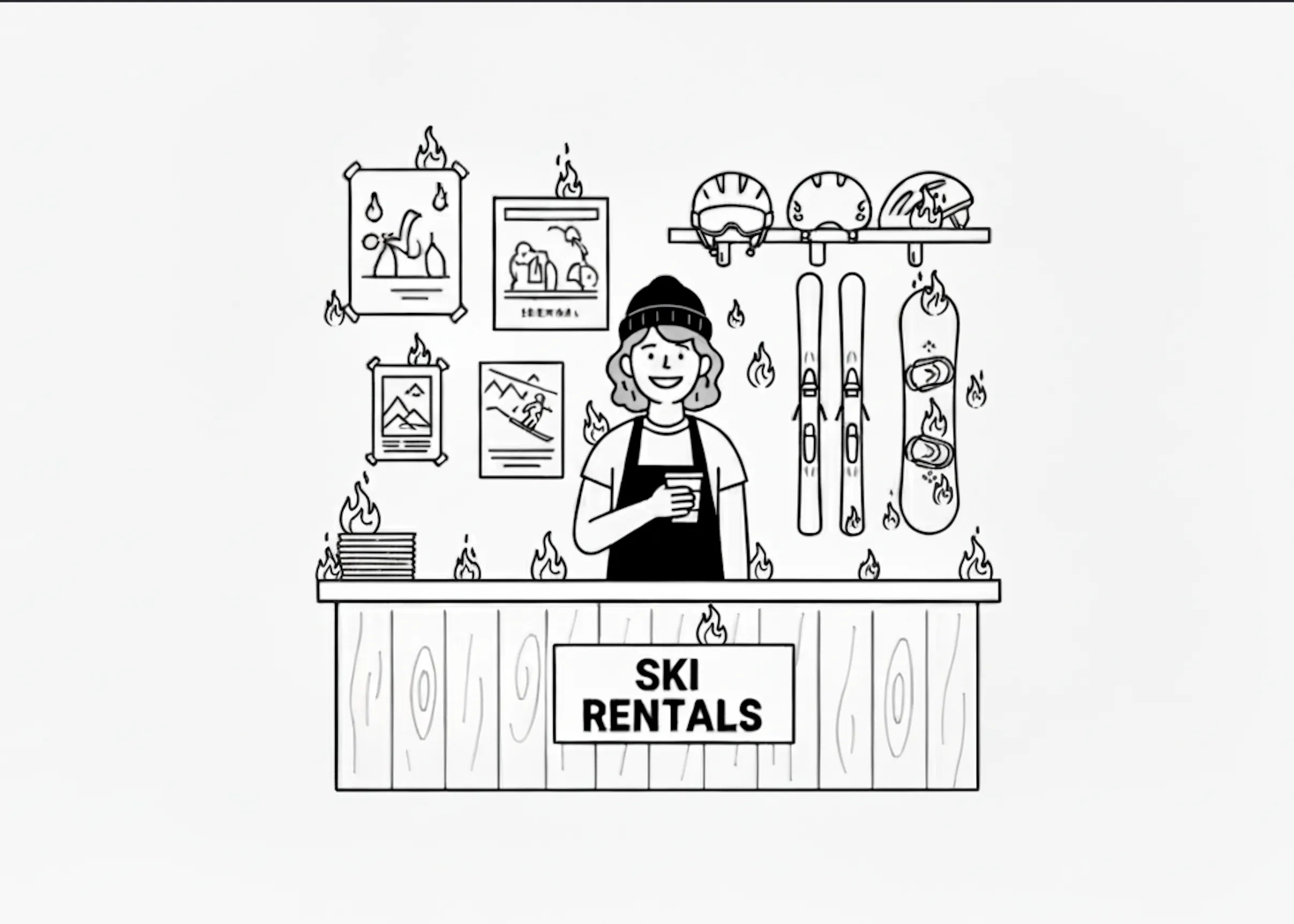 Ski shop — small fire starting