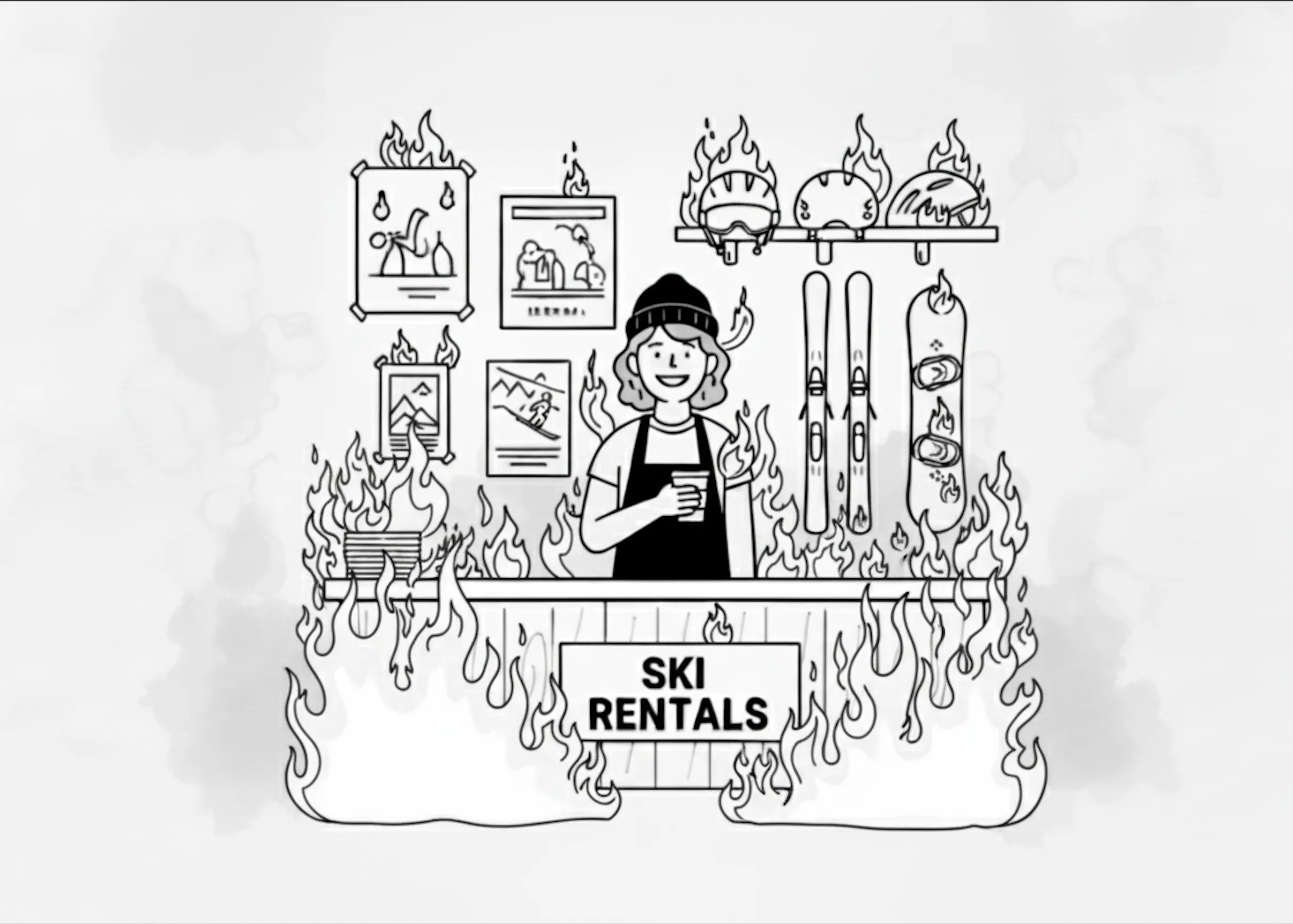 Ski shop — total inferno, this is fine