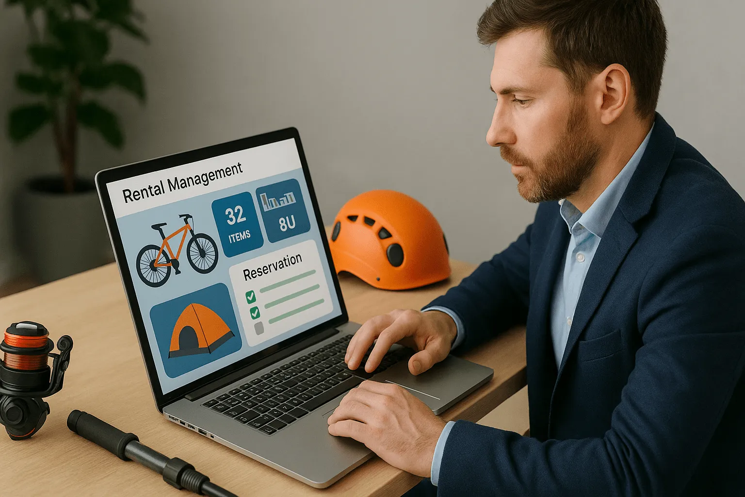 A-professional-man-in-a-navy-blazer-uses-outdoor-equipment-rental-management-software-on-his-laptop